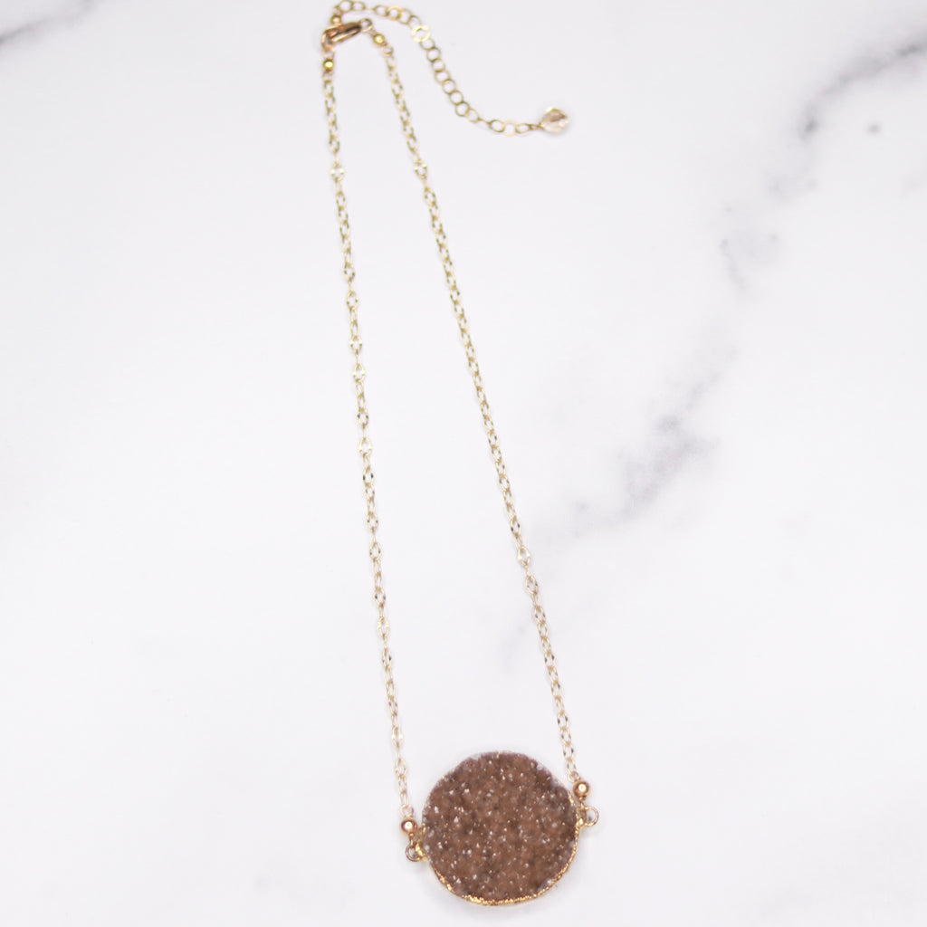 Taupe Round Druzy Choker Pendant on Gold-Filled Chain Necklace  NEW