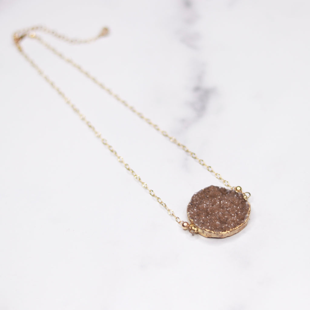 Taupe Round Druzy Choker Pendant on Gold-Filled Chain Necklace  NEW