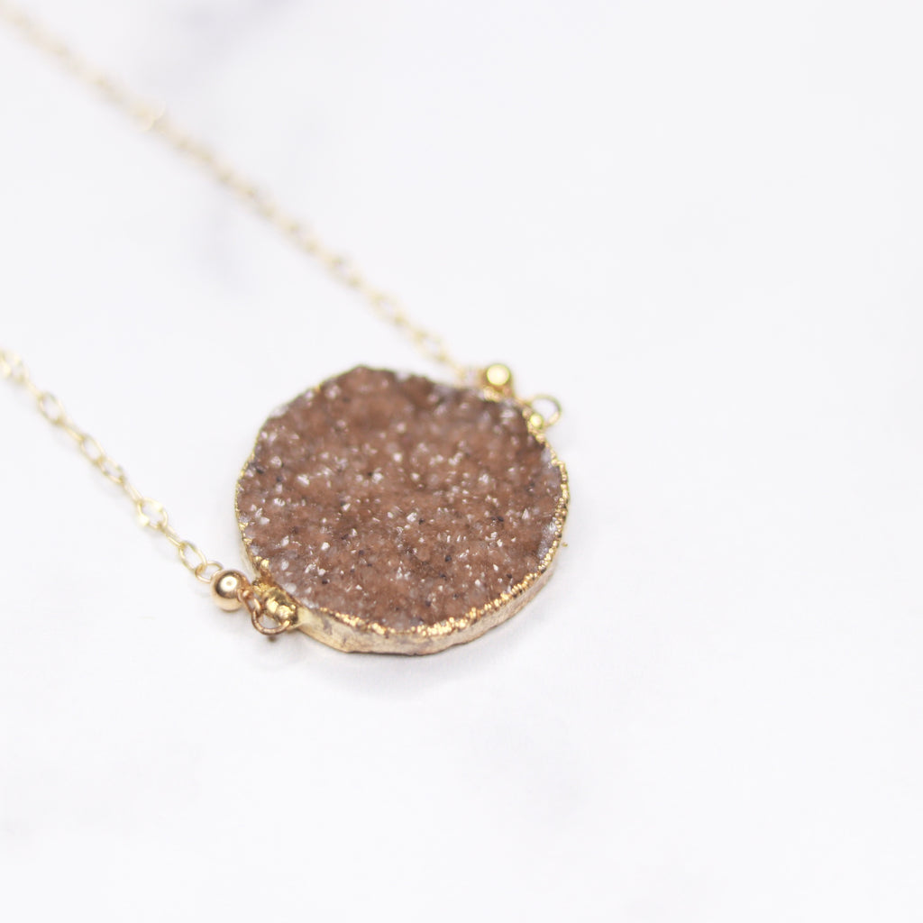 Taupe Round Druzy Choker Pendant on Gold-Filled Chain Necklace  NEW