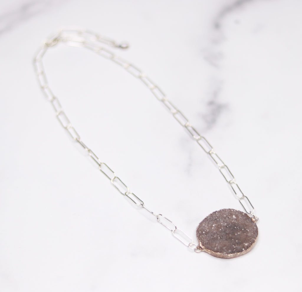 Medium Gray Round Druzy Choker Pendant on Sterling Silver PaperClip Chain Necklace  NEW