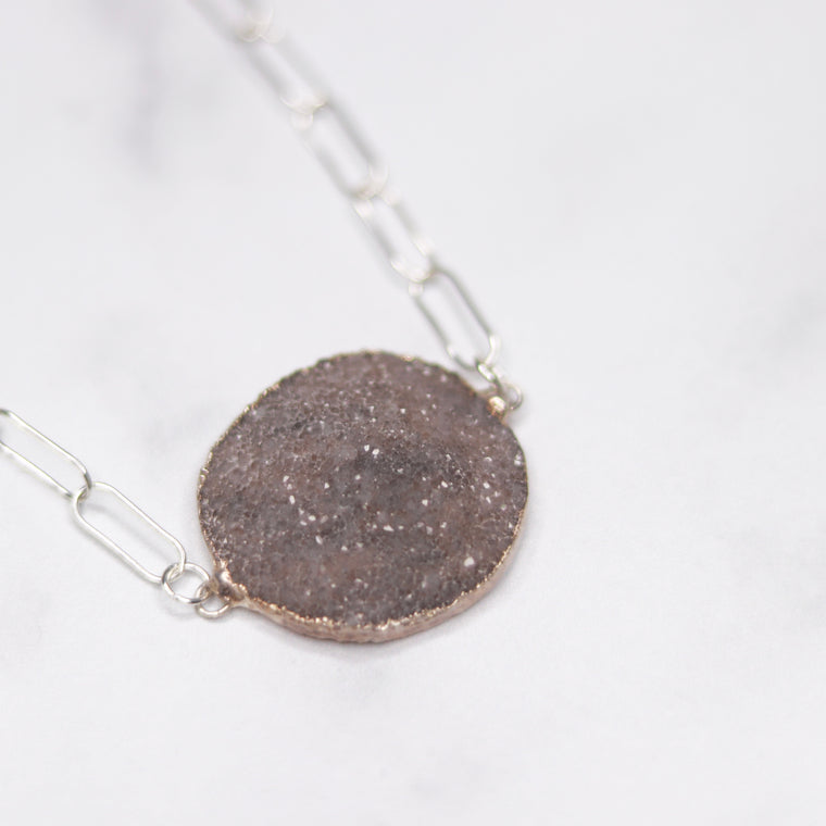 Medium Gray Round Druzy Choker Pendant on Sterling Silver PaperClip Chain Necklace  NEW