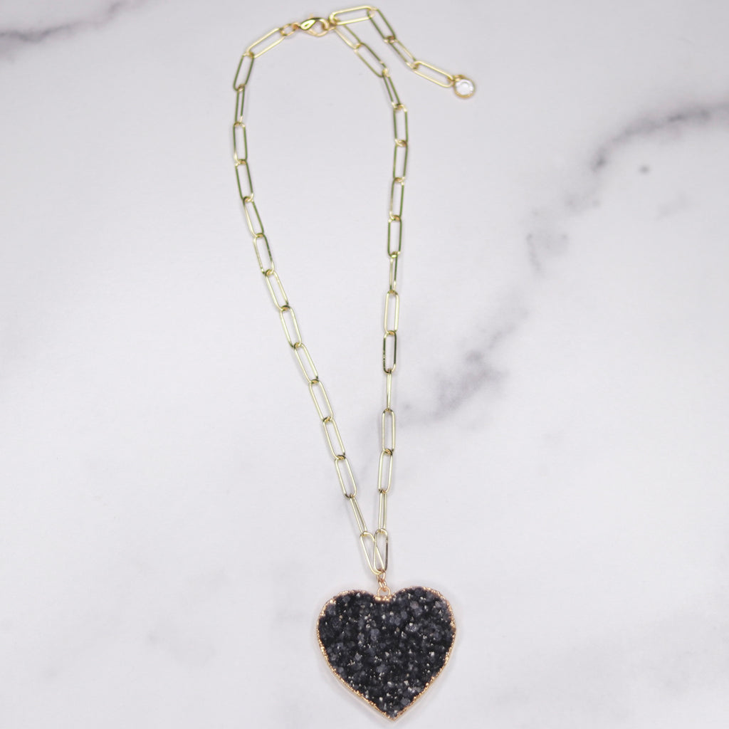 Dark Charcoal Heart Druzy Pendant on Gold-Filled PaperClip Chain Necklace  NEW