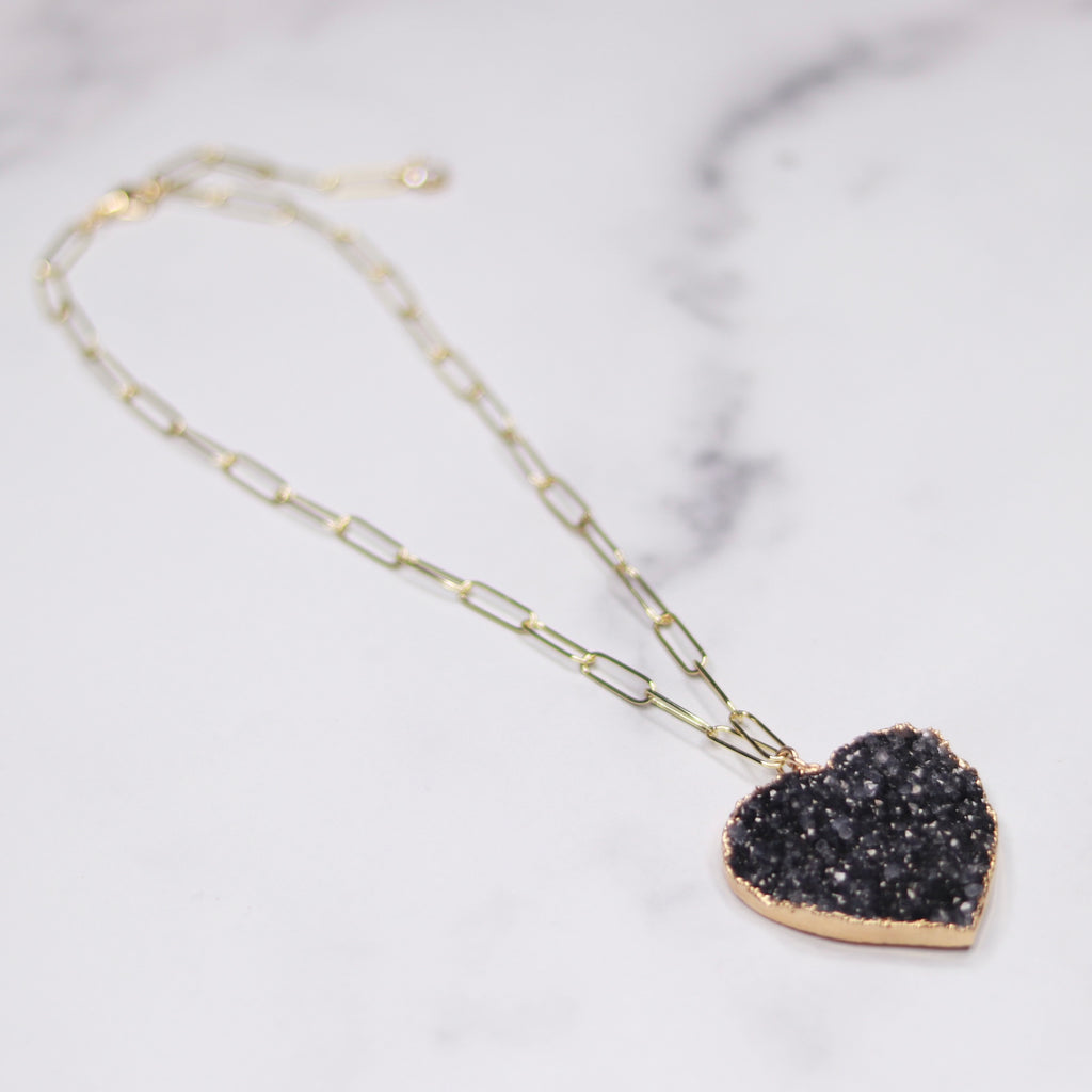 Dark Charcoal Heart Druzy Pendant on Gold-Filled PaperClip Chain Necklace  NEW