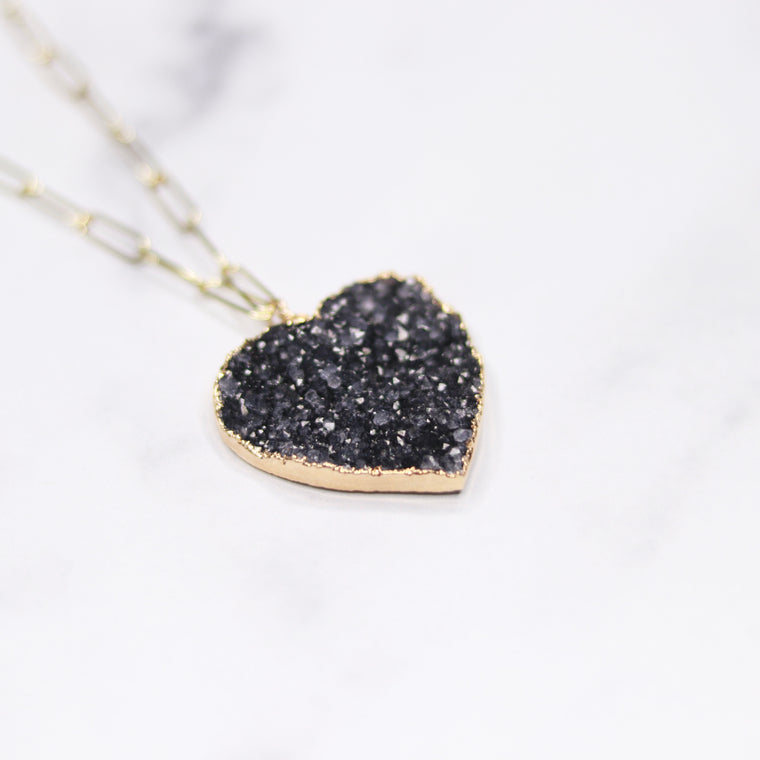 Dark Charcoal Heart Druzy Pendant on Gold-Filled PaperClip Chain Necklace  NEW