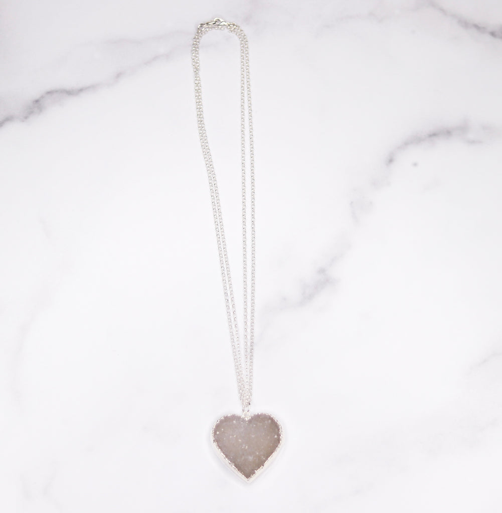 Light Gray/White Heart Druzy Pendant on Sterling Silver Long Chain Necklace  NEW