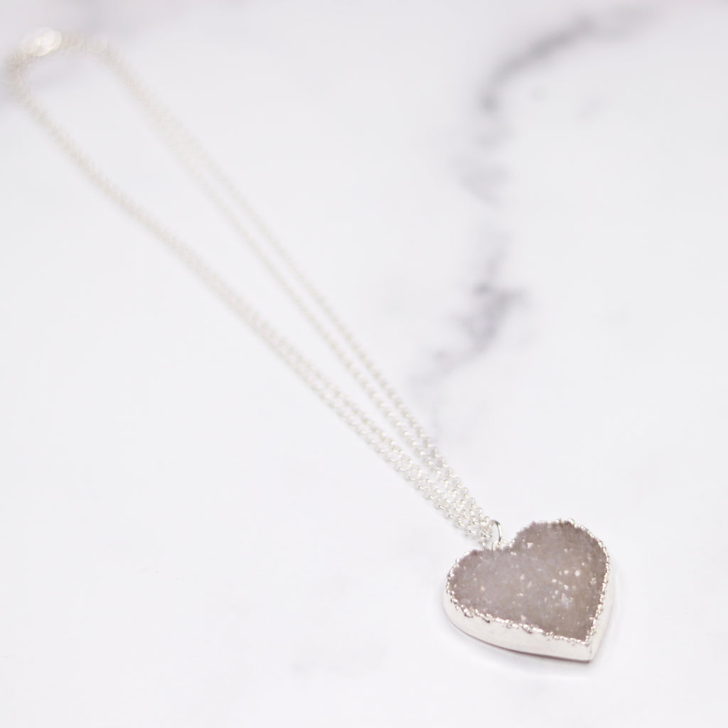 Light Gray/White Heart Druzy Pendant on Sterling Silver Long Chain Necklace  NEW