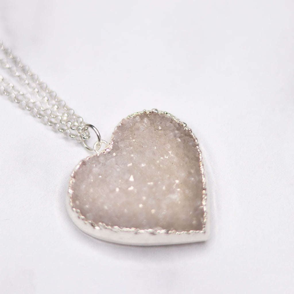 Light Gray/White Heart Druzy Pendant on Sterling Silver Long Chain Necklace  NEW