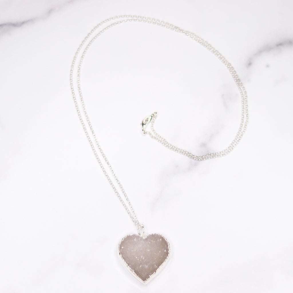 Light Gray/White Heart Druzy Pendant on Sterling Silver Long Chain Necklace  NEW