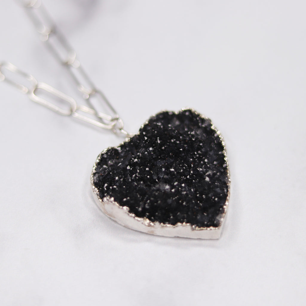 Black Heart Druzy Pendant on Sterling Silver PaperClip Chain Necklace  NEW