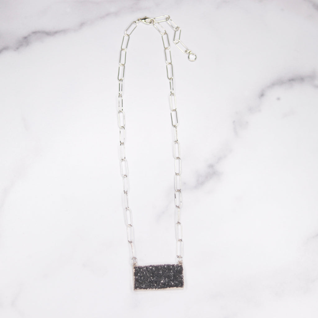 Dark Charcoal Druzy Bar Pendant on Sterling Silver PaperClip Chain Necklace  NEW