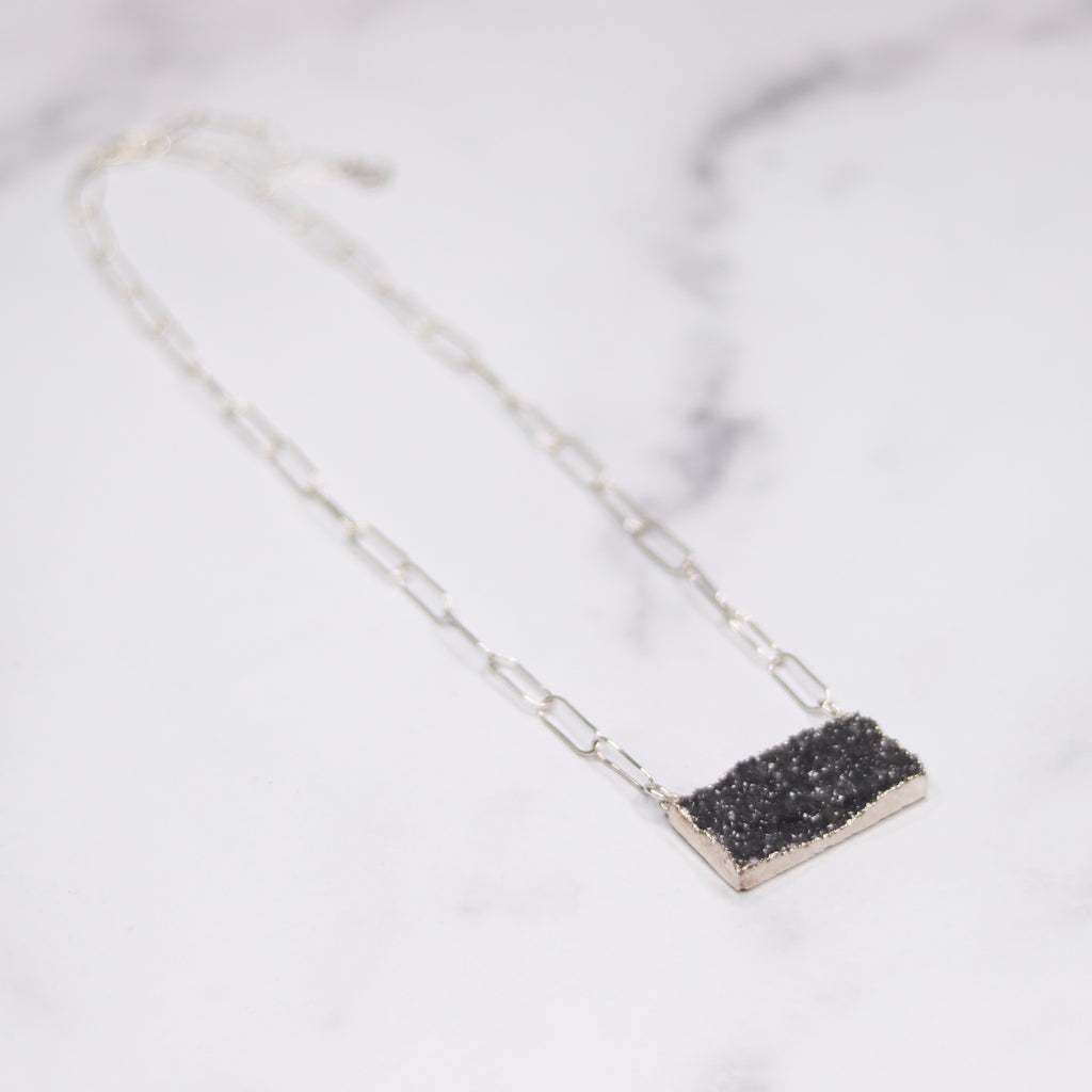 Dark Charcoal Druzy Bar Pendant on Sterling Silver PaperClip Chain Necklace  NEW
