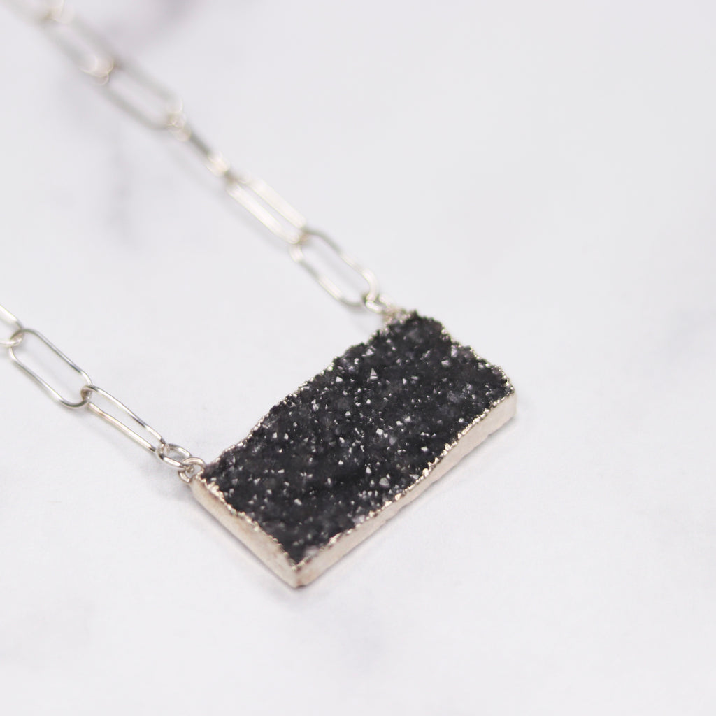 Dark Charcoal Druzy Bar Pendant on Sterling Silver PaperClip Chain Necklace  NEW