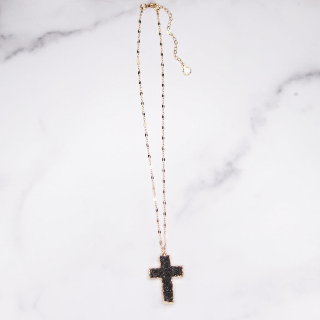 Dark Charcoal Cross Druzy Pendant on Gold-Filled Chain Necklace  NEW
