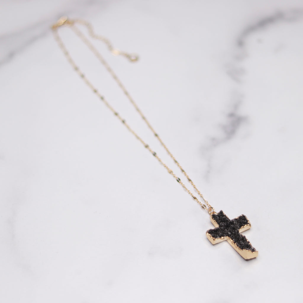 Dark Charcoal Cross Druzy Pendant on Gold-Filled Chain Necklace  NEW