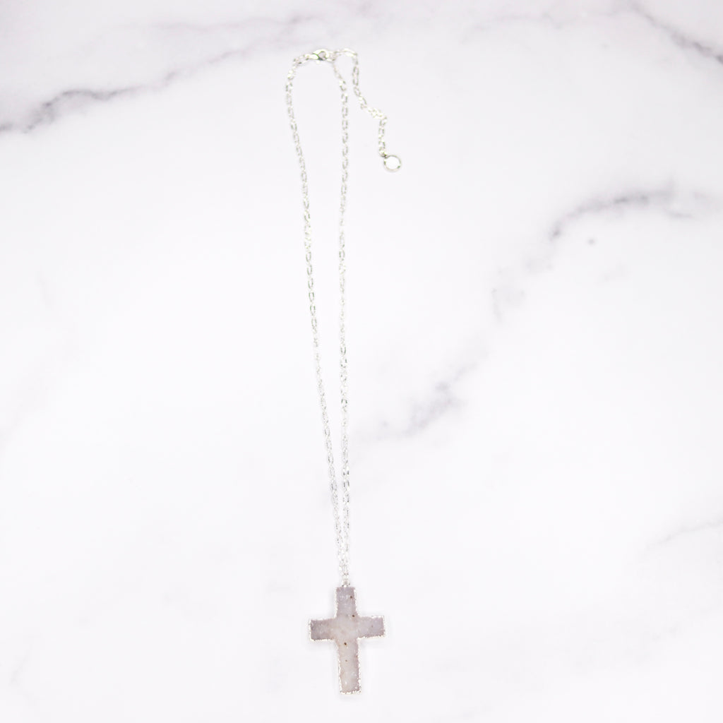 White Cross Druzy Pendant on Sterling Silver Chain Necklace  NEW