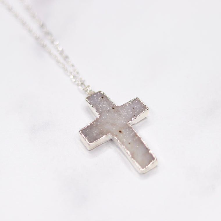 White Cross Druzy Pendant on Sterling Silver Chain Necklace  NEW