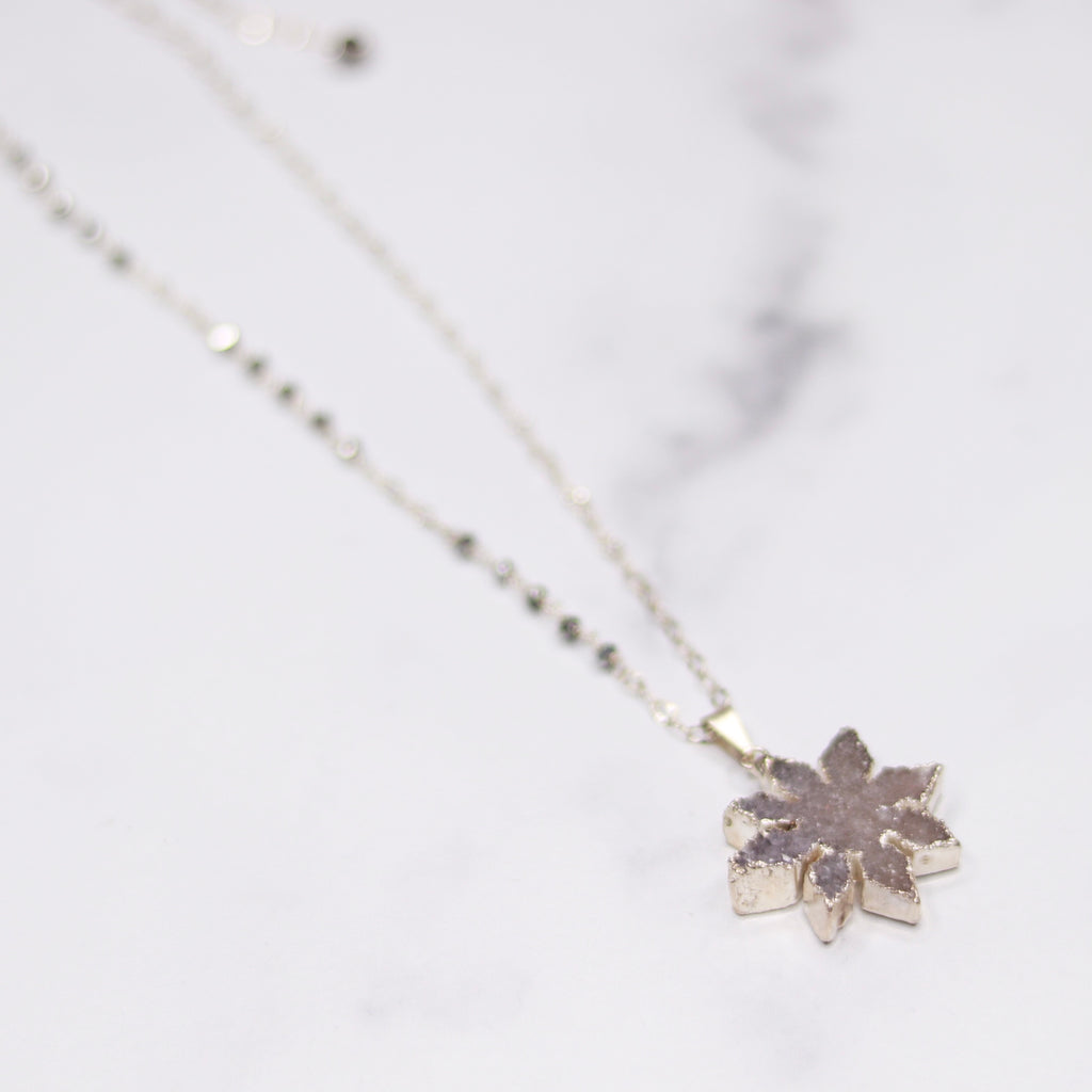 Gray Snowflake Druzy Pendant on Sterling Silver with Pyrite Chain Necklace  NEW