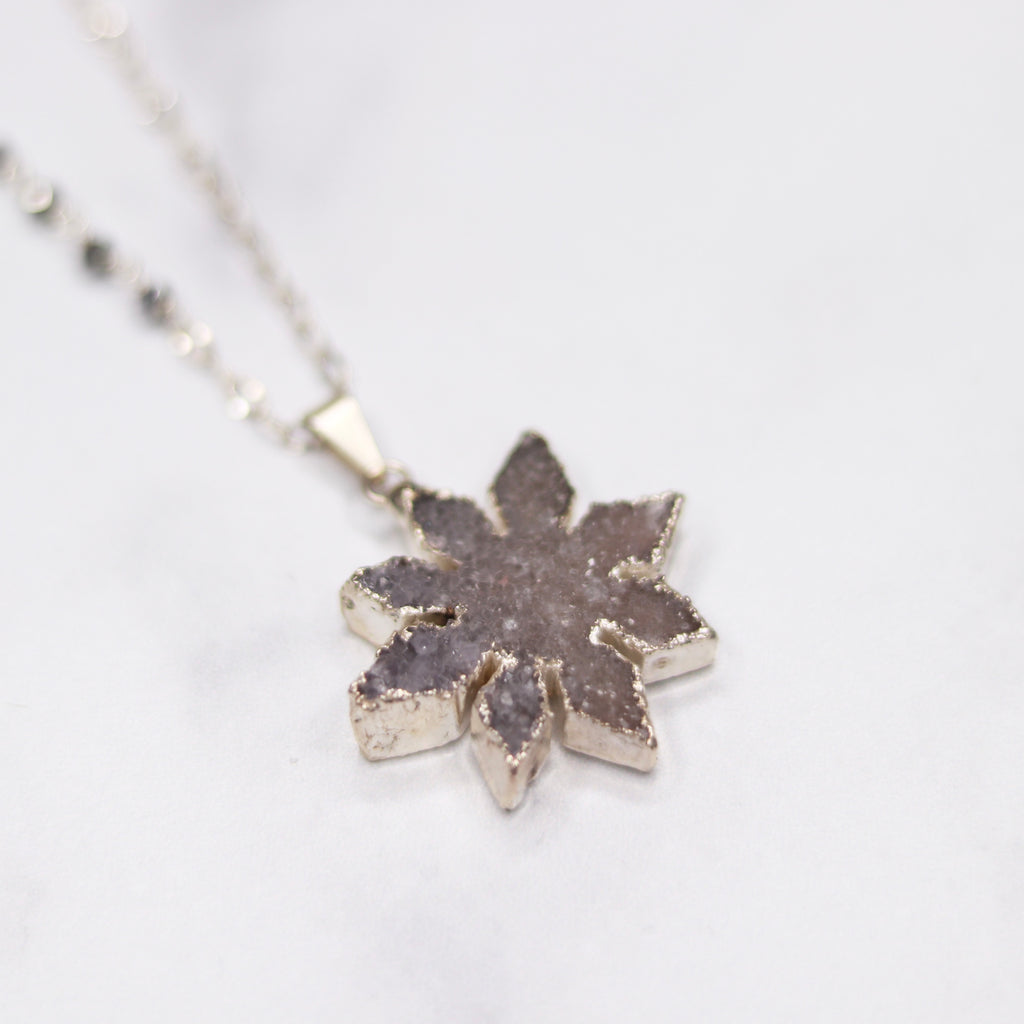 Gray Snowflake Druzy Pendant on Sterling Silver with Pyrite Chain Necklace  NEW