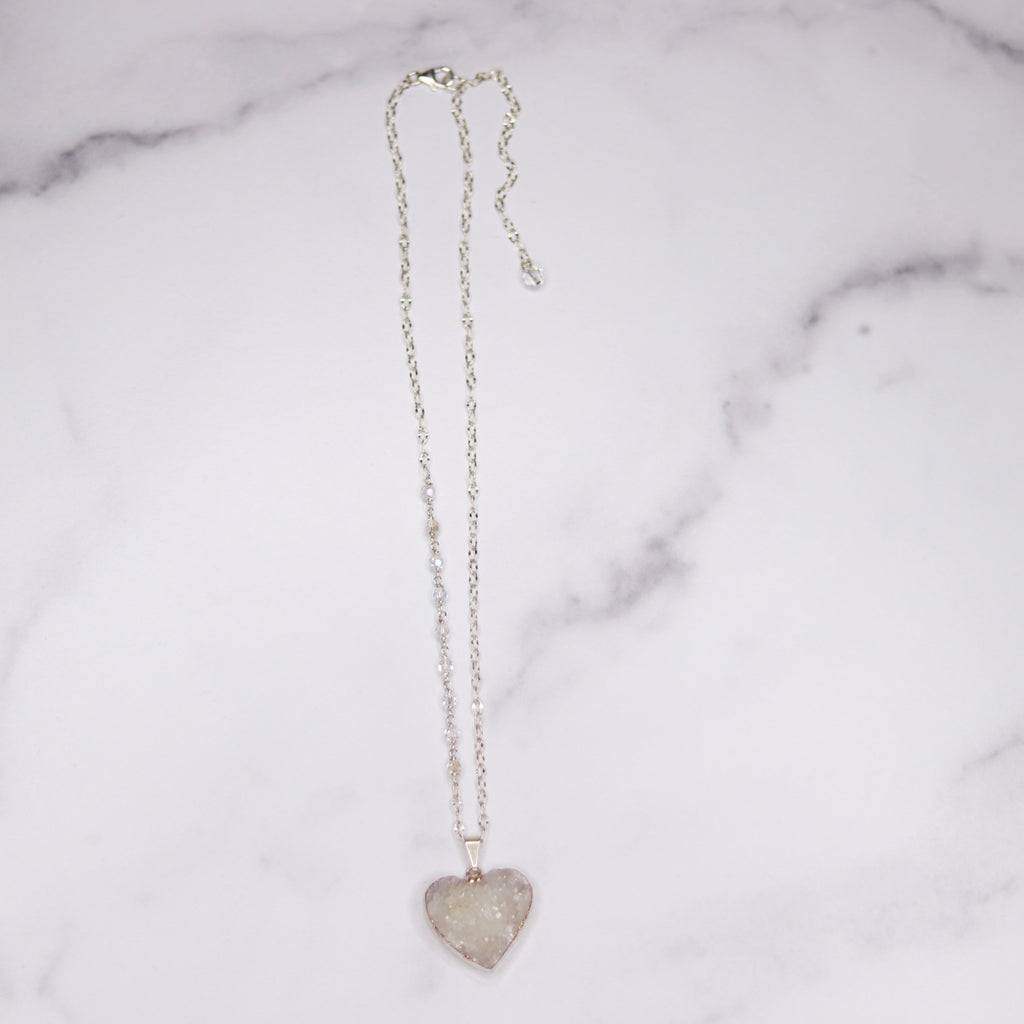 White Heart Druzy Pendant on Sterling Silver with Swarovski Crystal Chain Necklace (medium) NEW