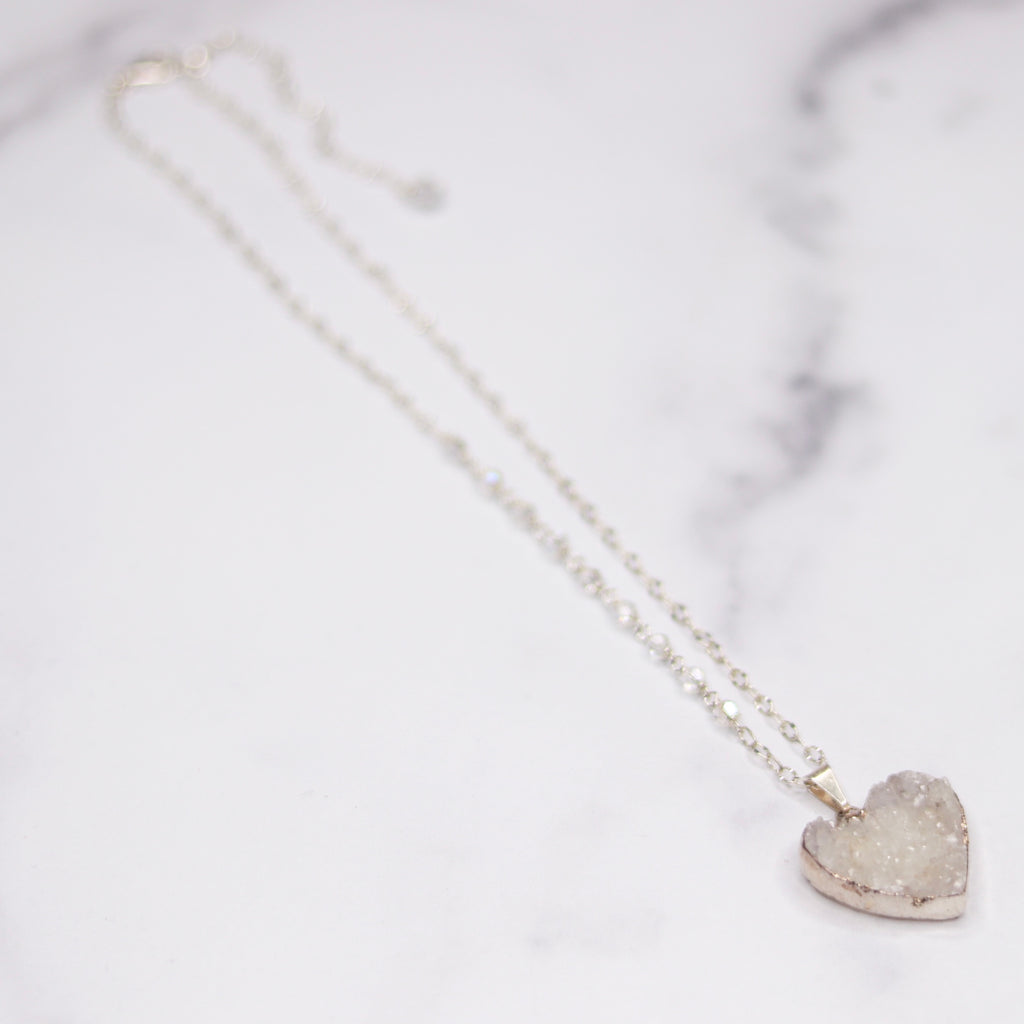 White Heart Druzy Pendant on Sterling Silver with Swarovski Crystal Chain Necklace (medium) NEW