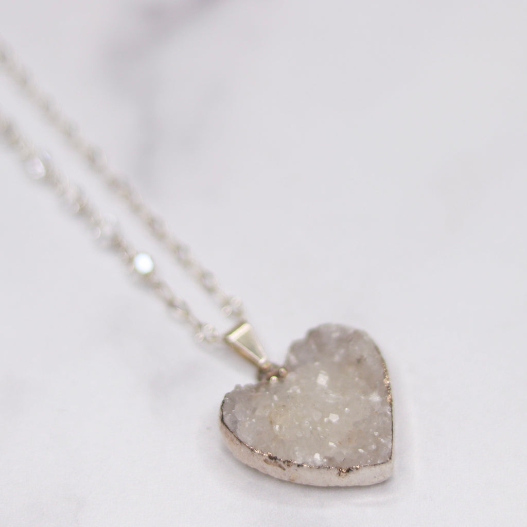White Heart Druzy Pendant on Sterling Silver with Swarovski Crystal Chain Necklace (medium) NEW