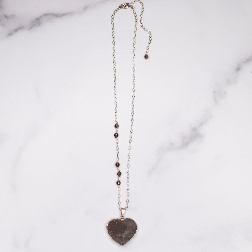 Gray Heart Druzy Pendant on Sterling Silver with Swarovski Crystal Chain Necklace  NEW