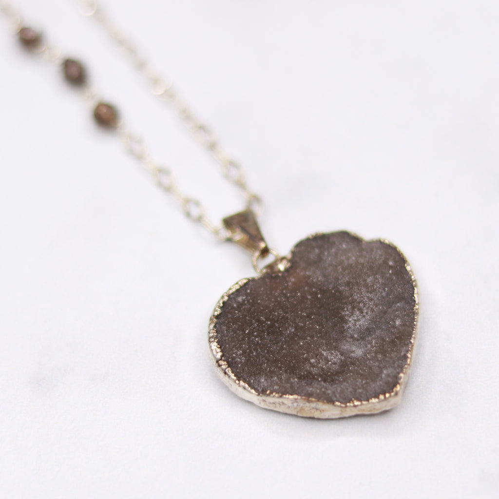 Gray Heart Druzy Pendant on Sterling Silver with Swarovski Crystal Chain Necklace  NEW