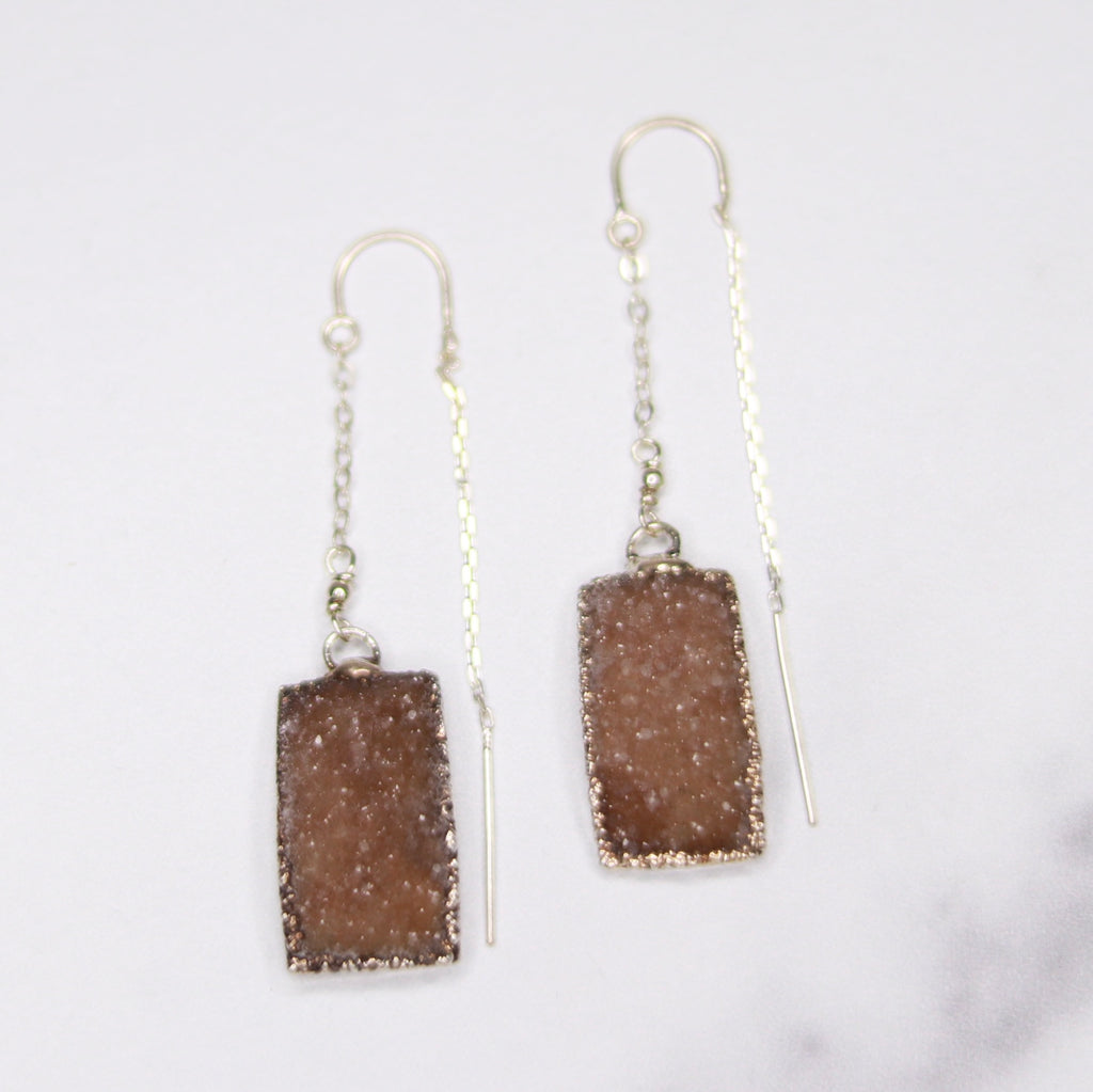 Light Brown Rectangle Druzy Pendants in Sterling Silver Threader Earrings  NEW