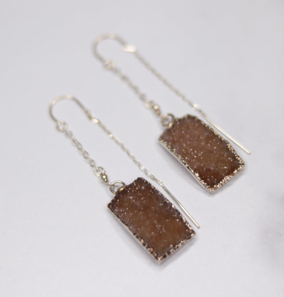 Light Brown Rectangle Druzy Pendants in Sterling Silver Threader Earrings  NEW