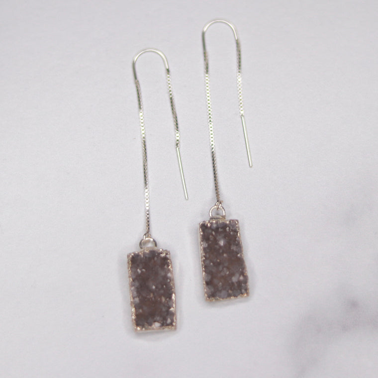 Taupe Rectangle Druzy Pendants in Sterling Silver Threader Earrings  NEW