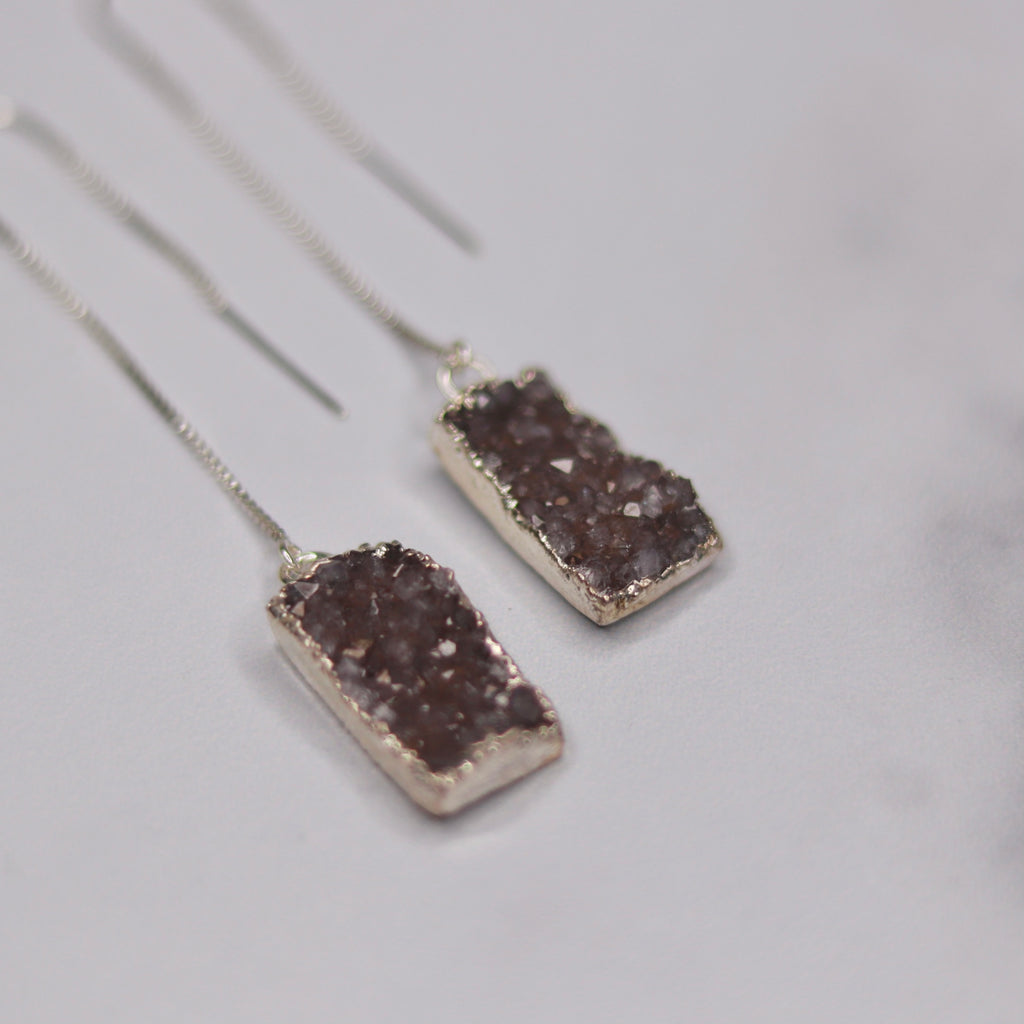 Taupe Rectangle Druzy Pendants in Sterling Silver Threader Earrings  NEW