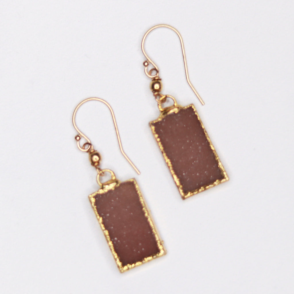 Light Brown/Carmel Rectangle Druzy Pendants in Gold-Filled Fishhook Earrings  NEW