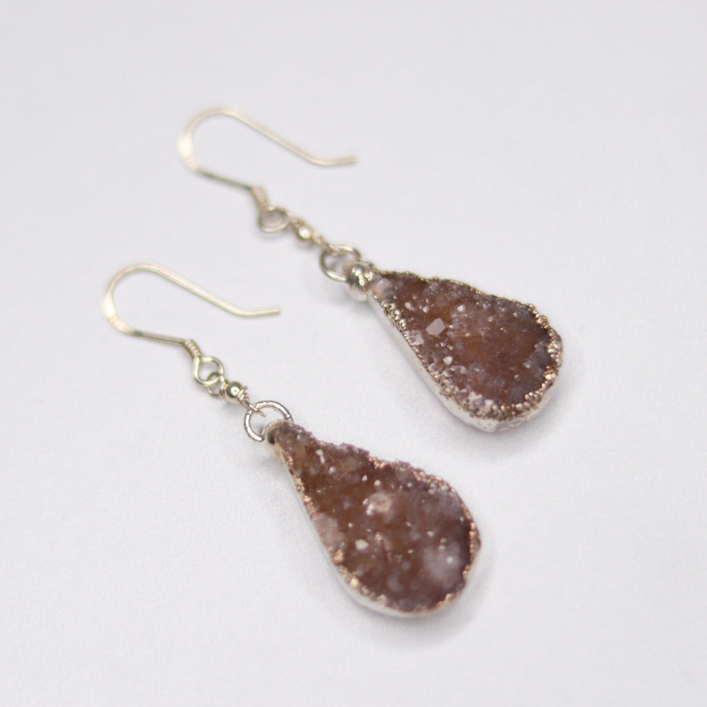 Taupe Teardrop Druzy Pendants in Sterling Silver Fishhook Earrings  NEW