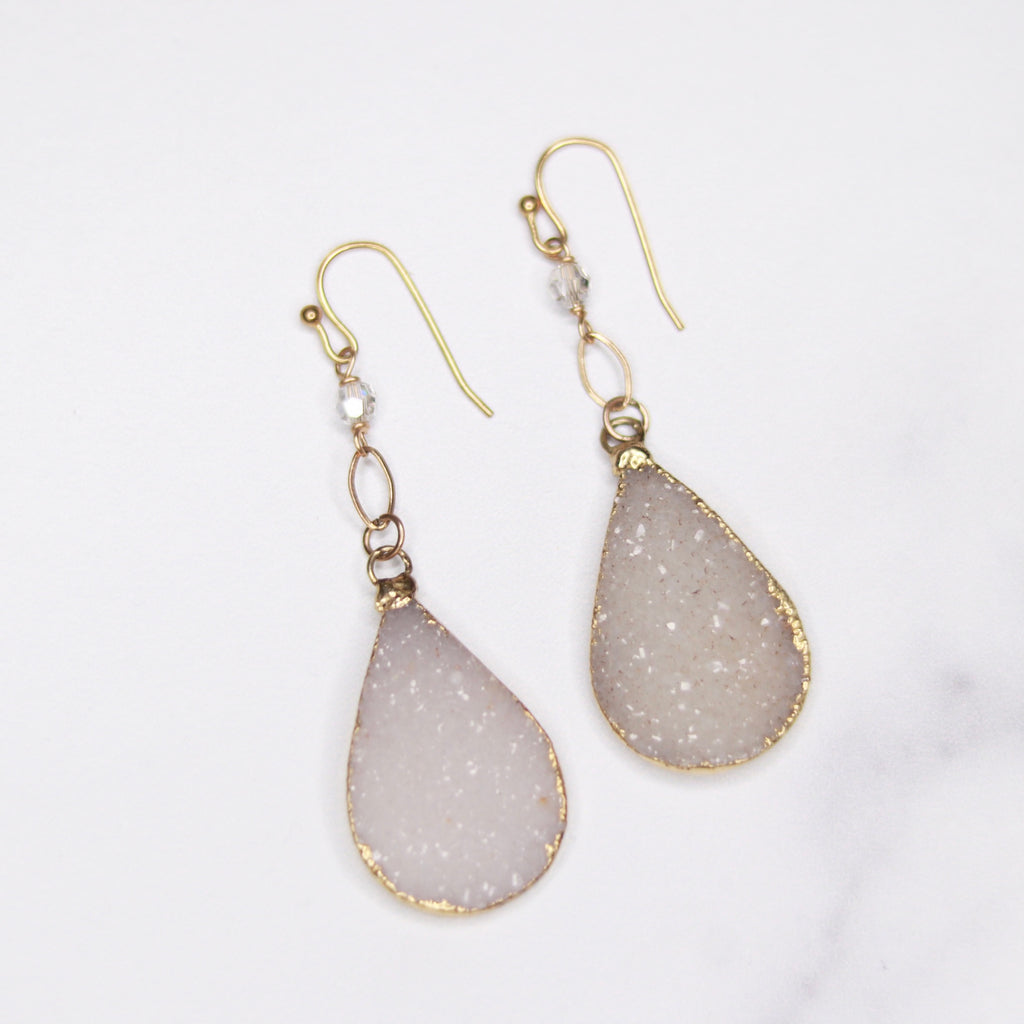 Cream Teardrop Druzy Pendant in Gold-Filled Fishhook Earrings  NEW