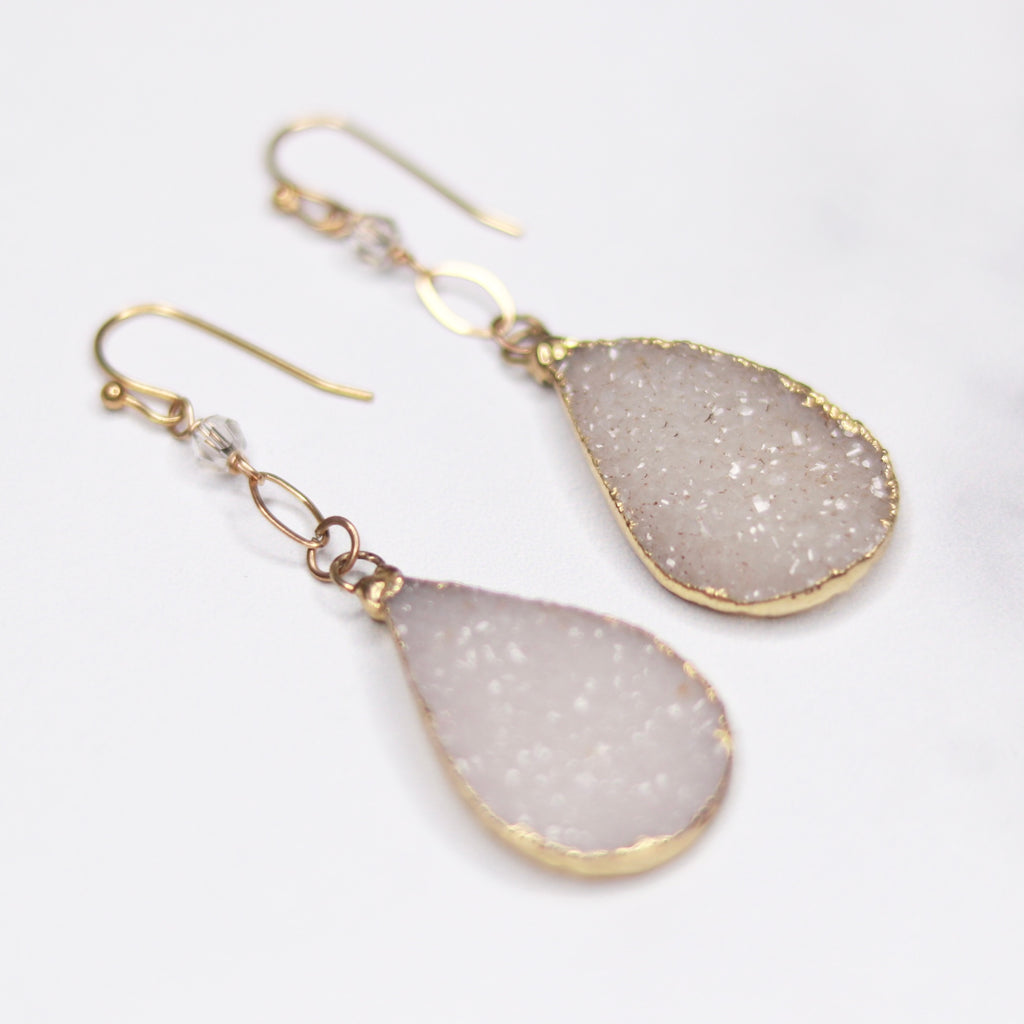 Cream Teardrop Druzy Pendant in Gold-Filled Fishhook Earrings  NEW