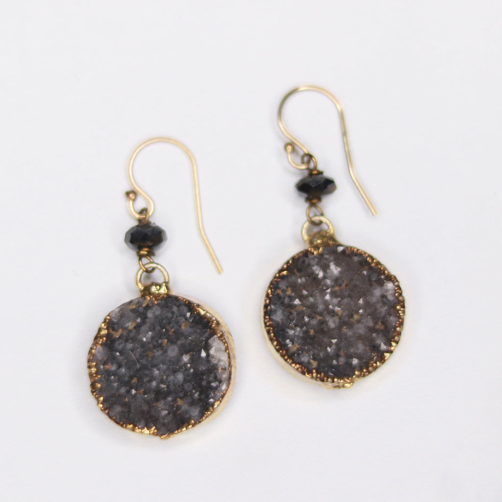 Charcoal Round Druzy Pendant in Gold-Filled Fishhook Earrings  NEW