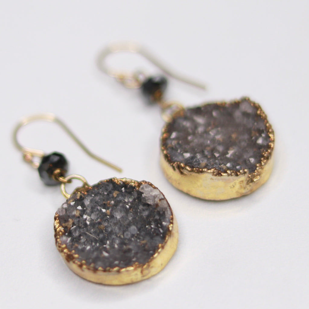 Charcoal Round Druzy Pendant in Gold-Filled Fishhook Earrings  NEW