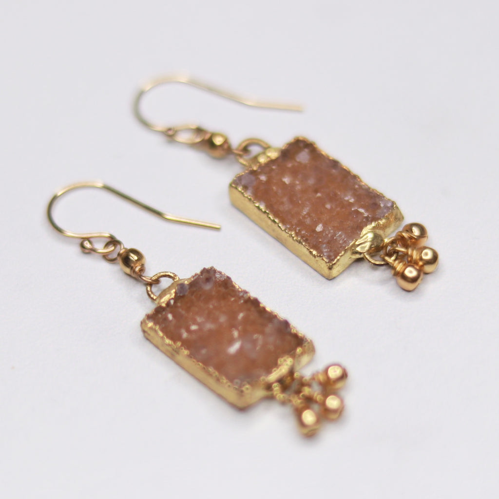 Light Brown/Carmel Rectangle Druzy Pendants with Gold-Filled Drops Fishhook Earrings  NEW