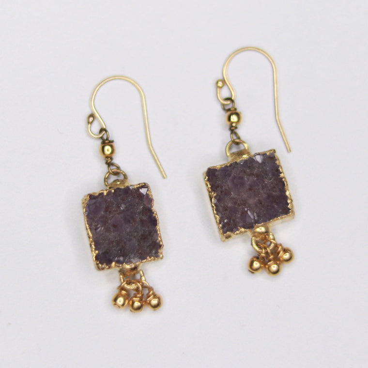 Charcoal Square Druzy Pendants with Gold-Filled Drops Fishhook Earrings  NEW