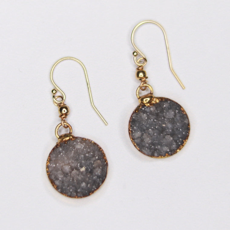 Charcoal Round Druzy Pendants with Gold-Filled Drops Fishhook Earrings  NEW