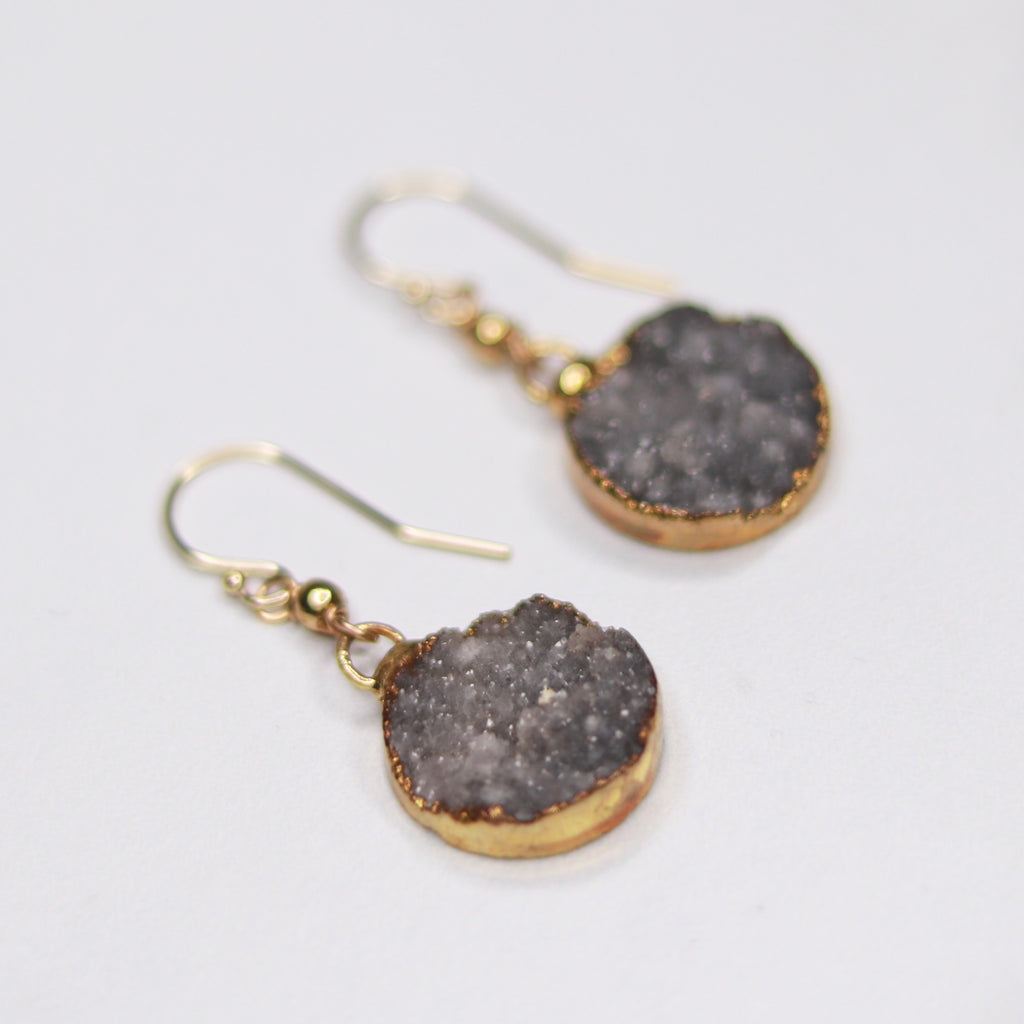 Charcoal Round Druzy Pendants with Gold-Filled Drops Fishhook Earrings  NEW