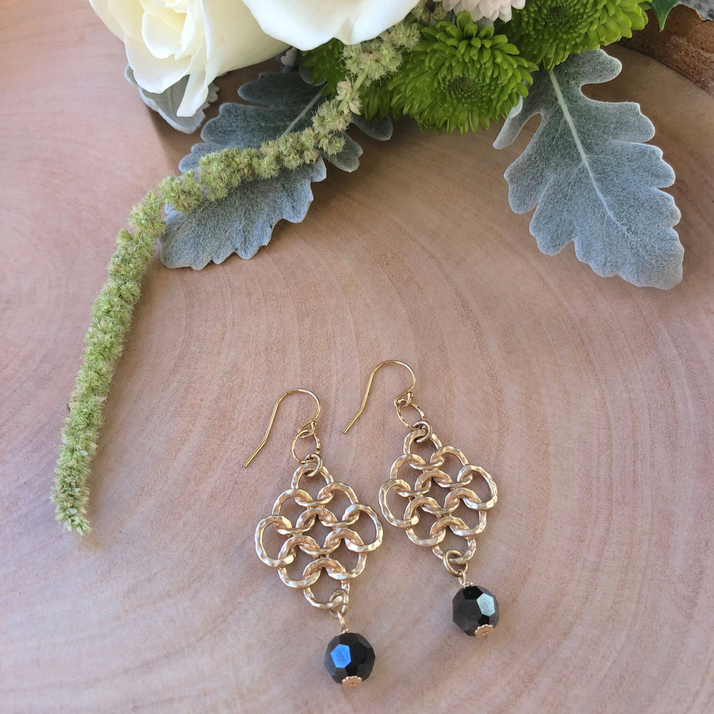 Brushed Gold Diamond Ovals With Jet Hematite Swarovski Crystal Drop Earrings NEW
