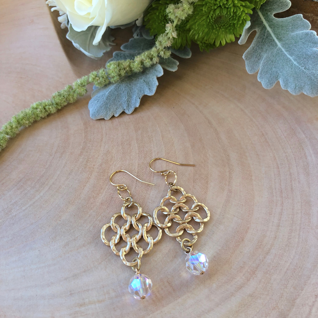 Brushed Gold Diamond Ovals With Swarovski Crystal Drop Earrings NEW