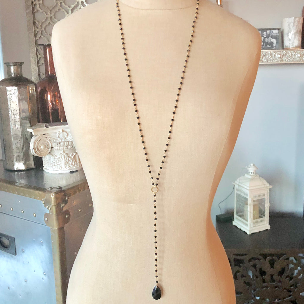 Jet Swarovski and Pyrite Chain Long Drop Necklace in Sterling Silver or Gold Filled  NEW