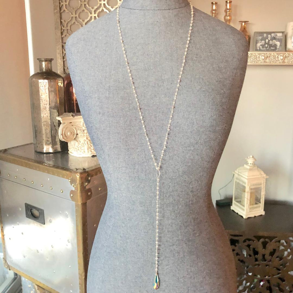 Moonstone & Pyrite Chain with Swarovski Crystal Long Drop Necklace in Sterling Silver or Gold Filled