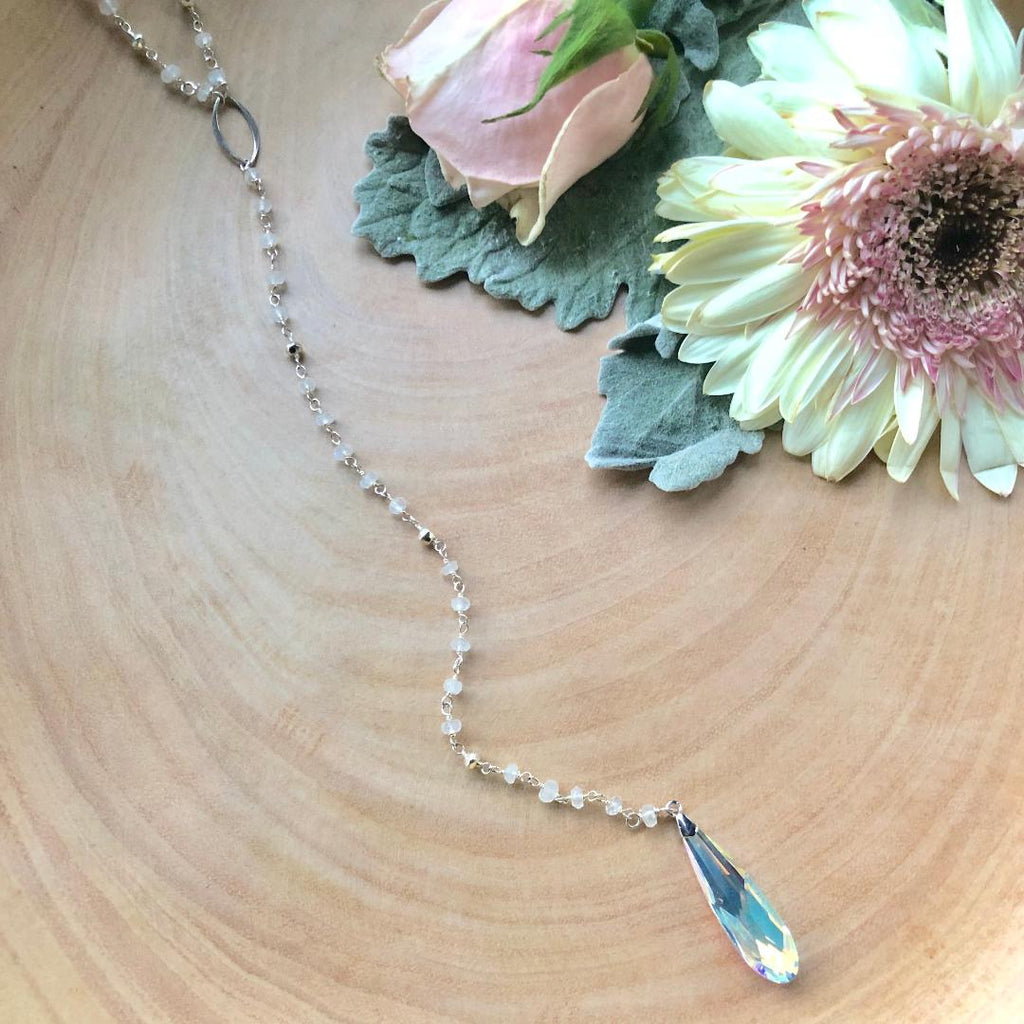 Moonstone & Pyrite Chain with Swarovski Crystal Long Drop Necklace in Sterling Silver or Gold Filled