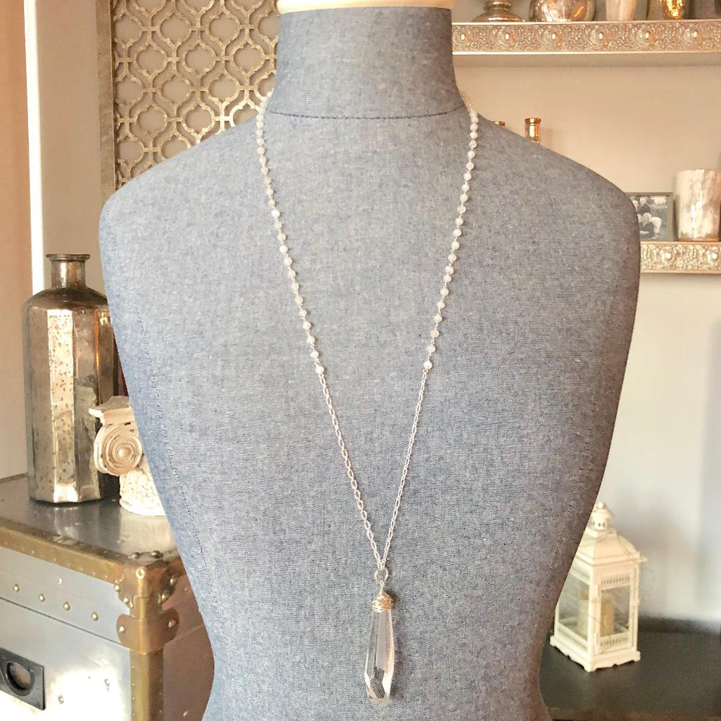 Moonstone Chain with Swarovski Crystal Icicle Pendant Necklace in Sterling Silver or Gold Filled  NEW