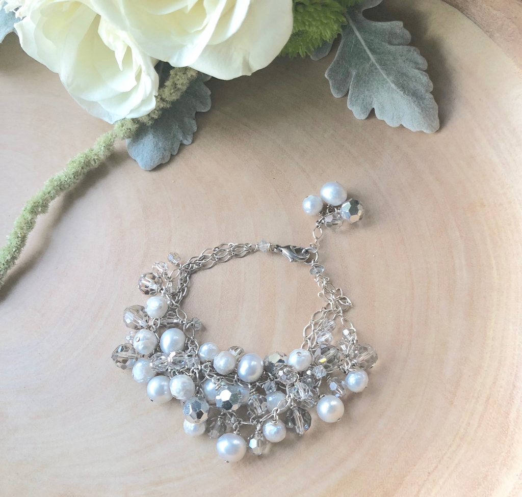 Gray, Cream and Silver Tri-Strand Swarovski Crystal and Pearl Drop Bracelet  NEW