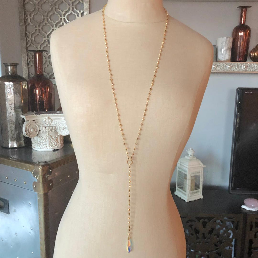 Pyrite Chain with Swarovski Crystal Long Drop Necklace in Sterling Silver or Gold Filled  NEW