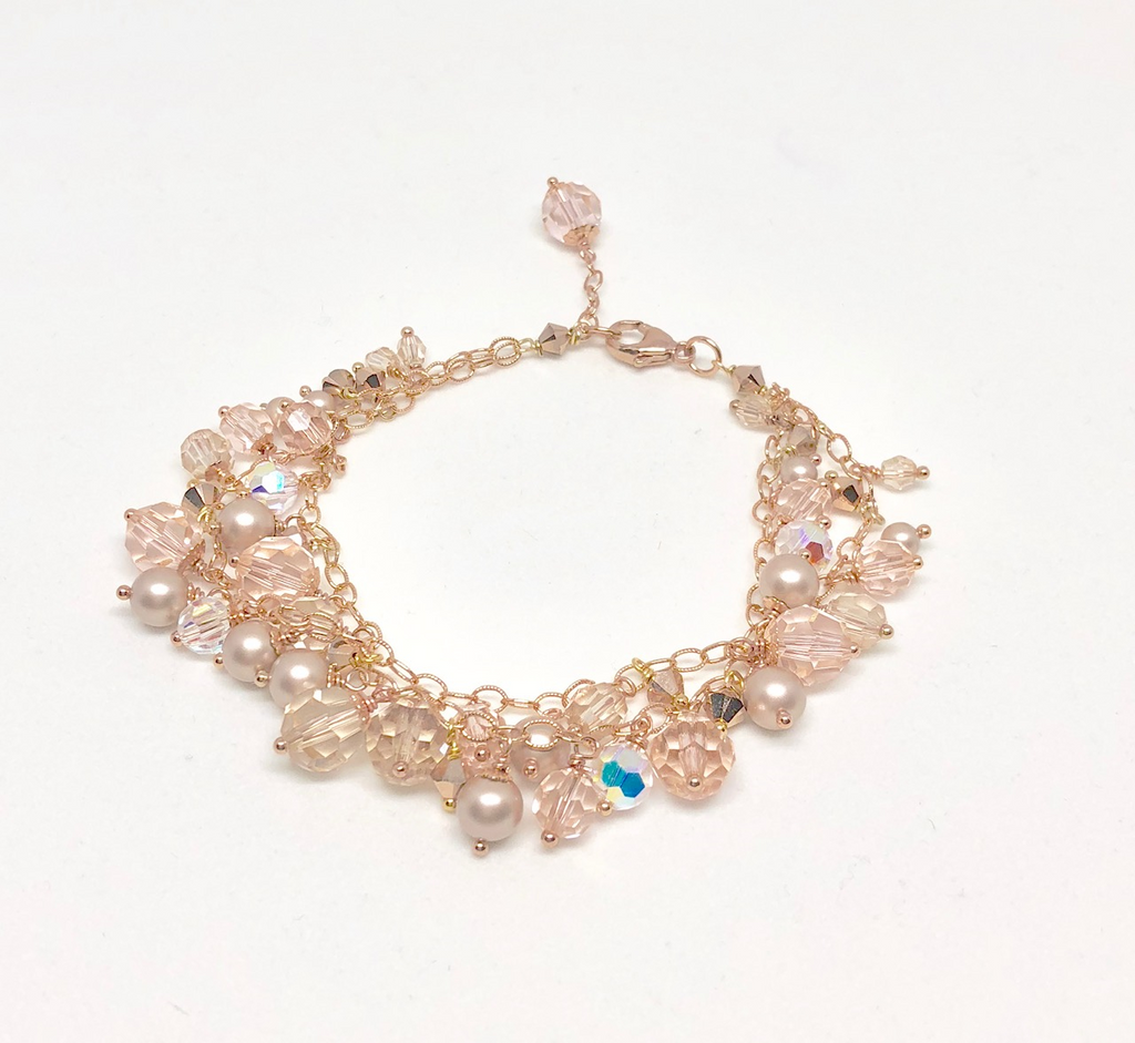 Rose Gold Double Strand Swarovski Crystal and Pearl Multi Drop Bracelet NEW